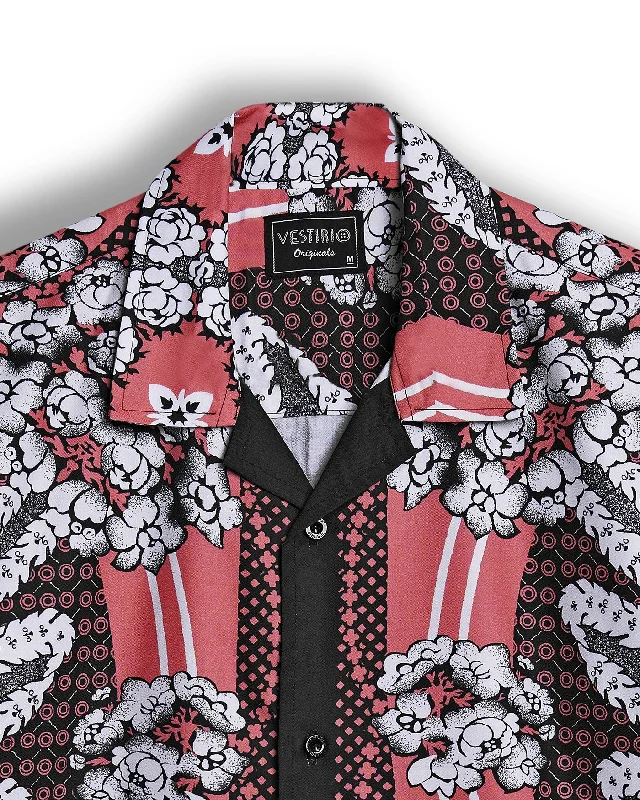 Black and Red flower printed camp collar shirt for men