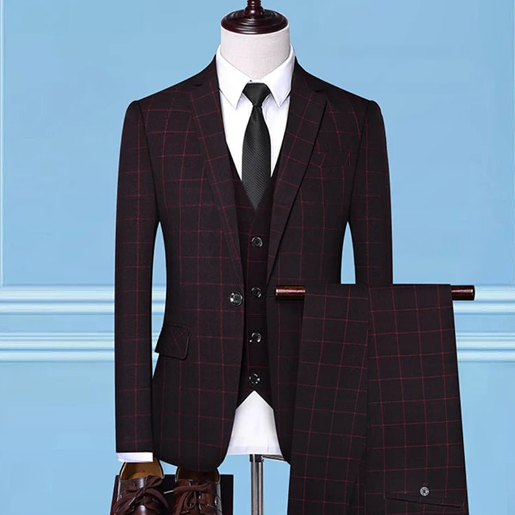 Men's Casual Business Plaid Suit Jacket Coat Trousers